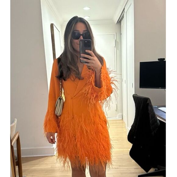 Cult Gaia Dresses & Skirts - Cult Gaia Orange Feather Trim Blazer Dress Size 2